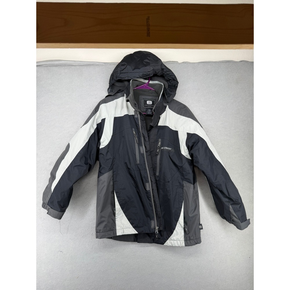 Free Country Boy Tech Ski Jacket Large 10/12 Black Gray Fleece Lined Hooded Coat